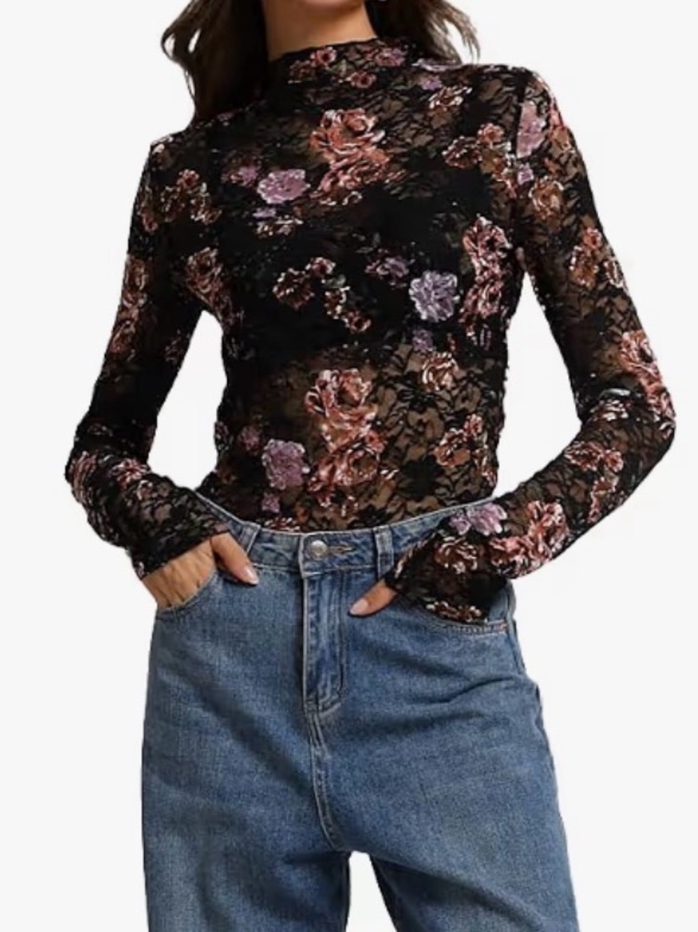 Women’s Black Floral Lace Mock Neck Long-Sleeve Top. Size XL